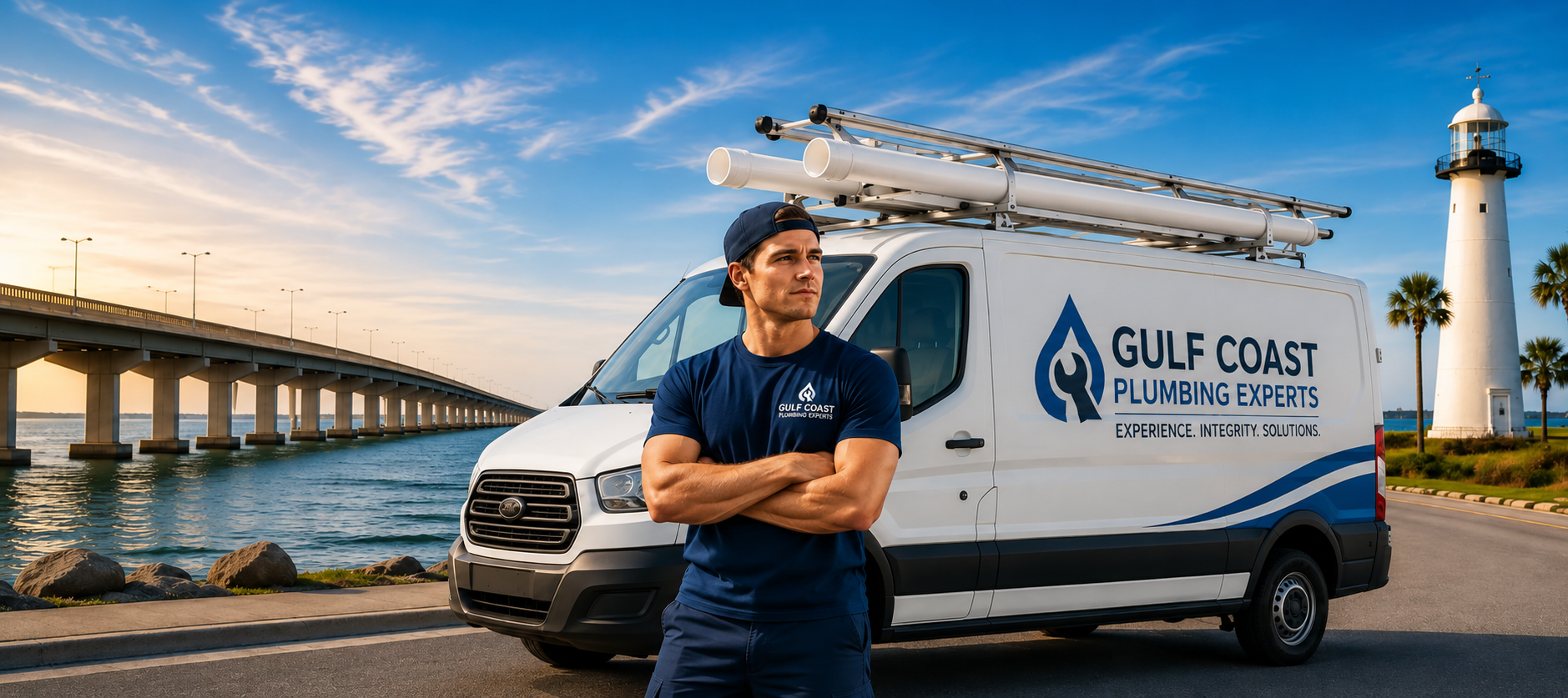 gulf coast plumbing experts image owner and truck near bridge