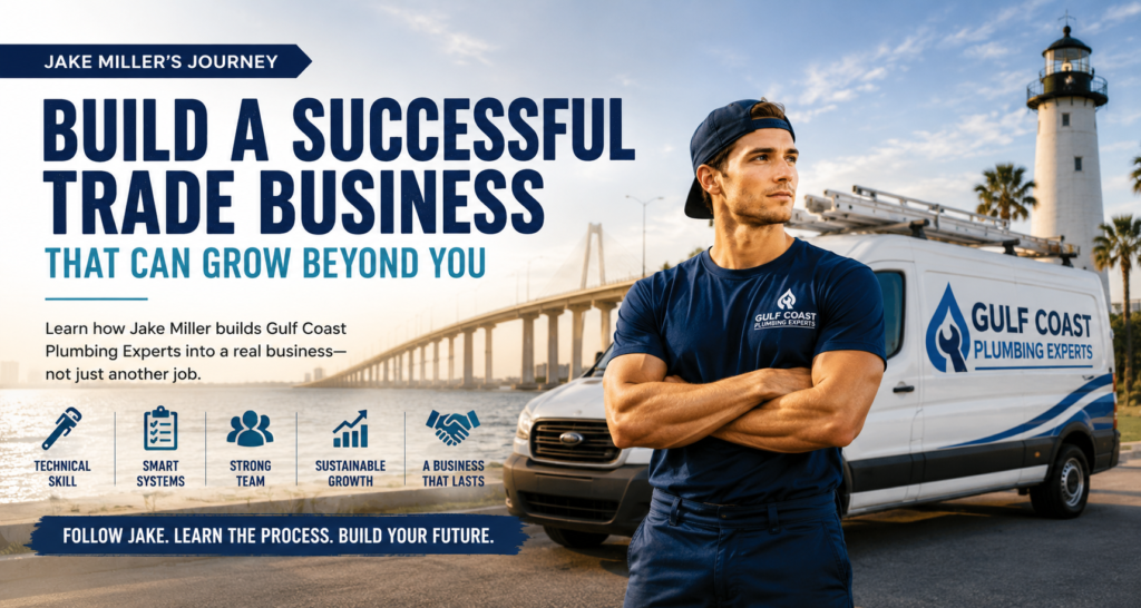 Wide hero image showing fictional plumber Jake Miller standing with arms crossed beside a Gulf Coast Plumbing Experts service van, illustrating his journey from skilled worker to building a successful trade business that can grow beyond its founder.