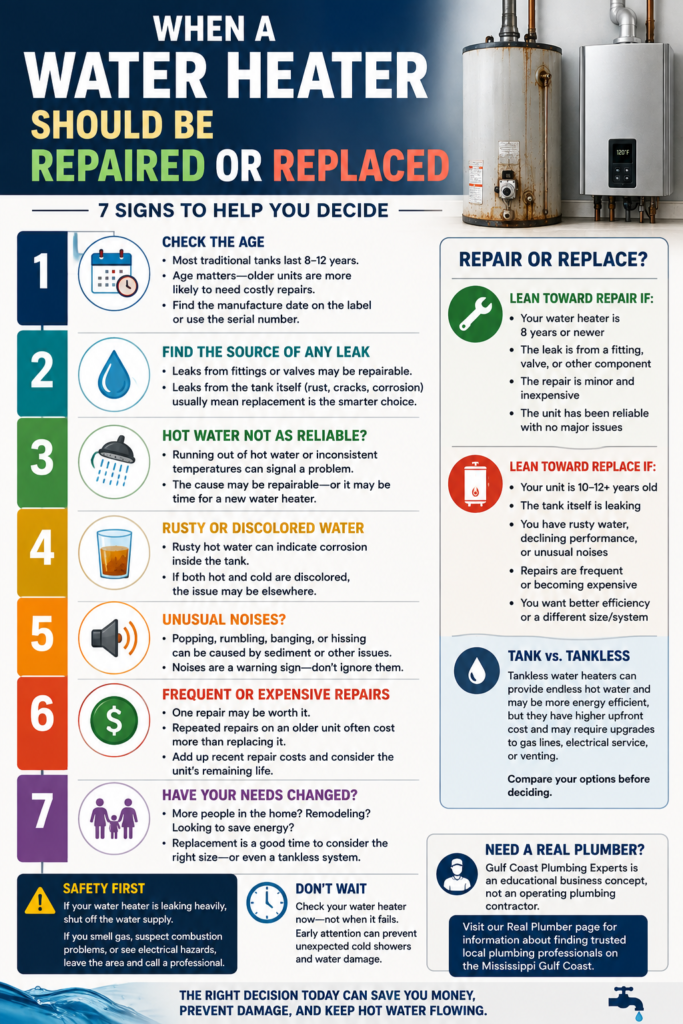 Infographic showing seven signs to help homeowners decide whether a water heater should be repaired or replaced, including age, leaks, unreliable hot water, rusty water, unusual noises, repair costs, and changing household needs.
