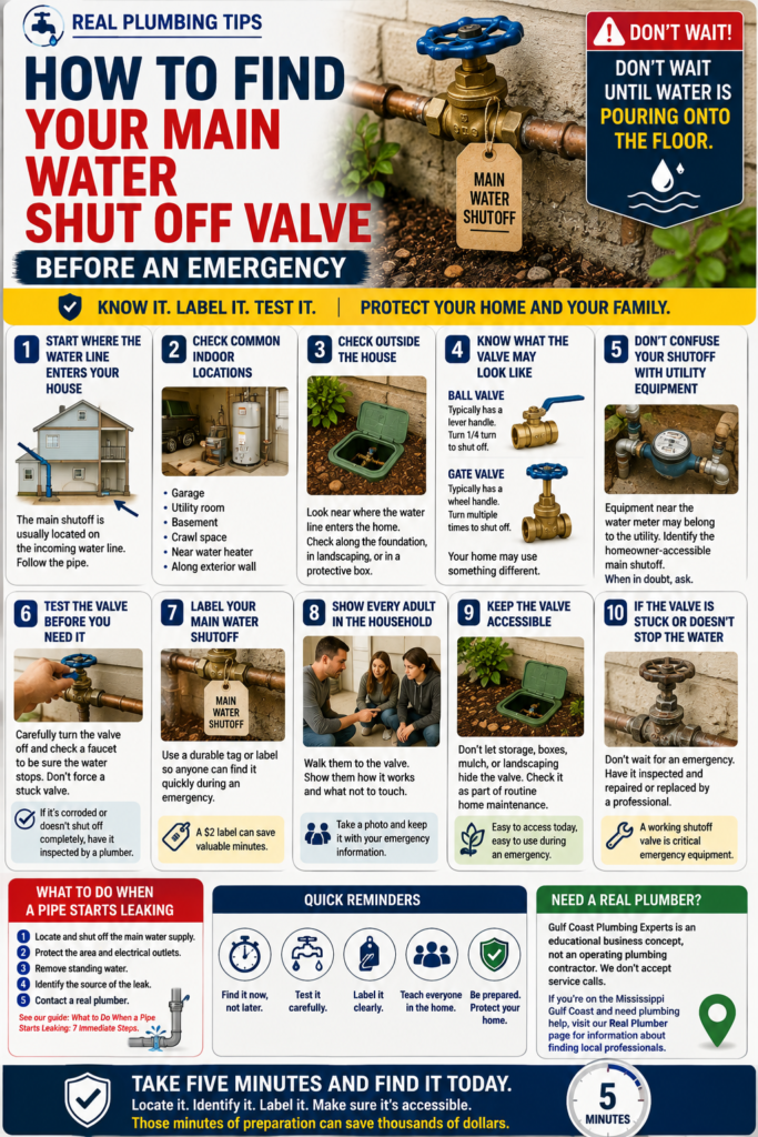 Infographic showing how to find your main water shutoff valve, including common indoor and outdoor locations, valve types, testing, labeling, keeping it accessible, and preparing household members for a plumbing emergency.
