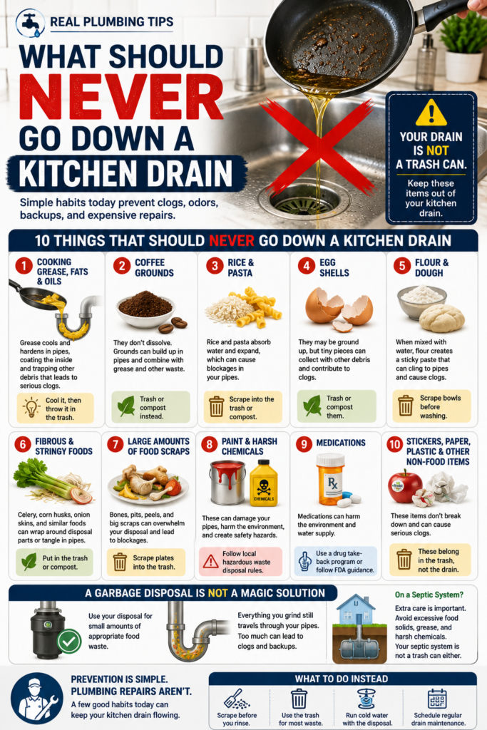 Infographic showing 10 things that should never go down a kitchen drain, including grease, coffee grounds, rice, pasta, eggshells, flour, fibrous foods, food scraps, chemicals, medications, paper, and plastic.