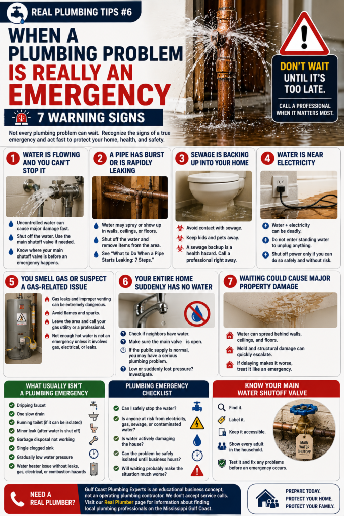 Infographic showing seven warning signs of a plumbing emergency, including uncontrolled water, burst pipes, sewage backups, water near electricity, suspected gas problems, loss of water service, and rapidly developing property damage.