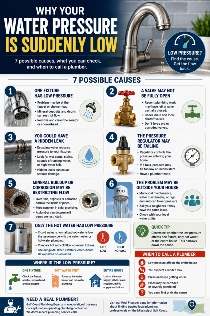 Infographic explaining seven possible causes of suddenly low water pressure, including clogged fixtures, partially closed valves, hidden leaks, pressure regulator problems, pipe corrosion, municipal water issues, and hot-water system problems.