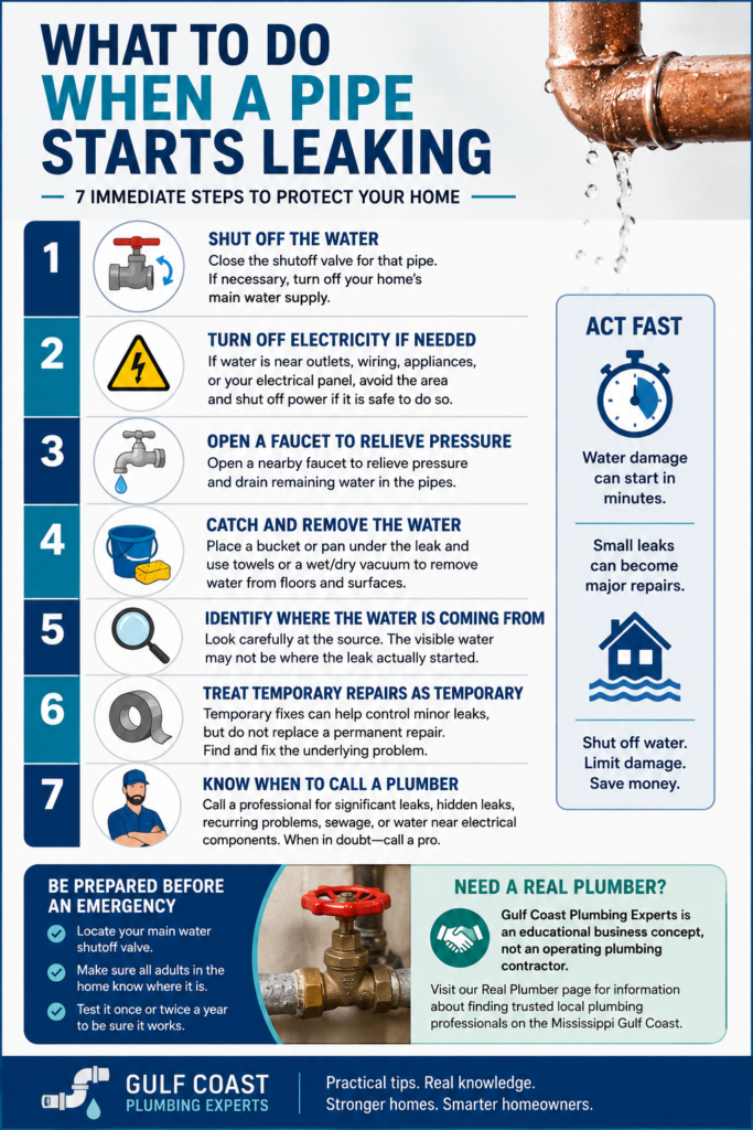 Infographic showing seven immediate steps to take when a pipe starts leaking, including shutting off the water, addressing electrical hazards, relieving pressure, removing water, finding the leak, using only temporary repairs, and knowing when to call a plumber.
